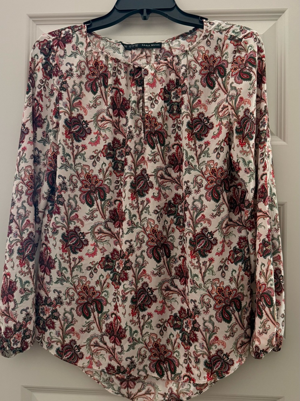 Zara Floral Tie-Neck Long Sleeve Blouse in White and Red